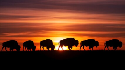 Fototapeta premium Herd of bison walking across open plains against vibrant orange sunset sky