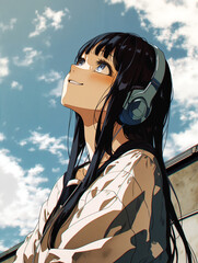 音楽を聴きながら空を見上げる女性