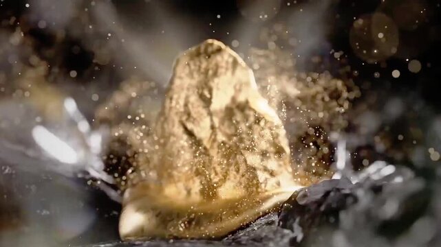 Abstract 3D animation of a luminous gold nugget exploding with shimmering particles, ideal for captivating VJ loops and dynamic 3D video backgrounds
