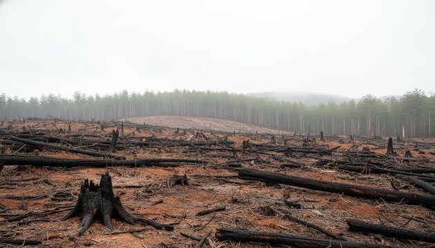 Charred stumps in a misty deforested landscape