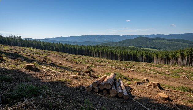 Deforested mountain landscape with piled timber logs