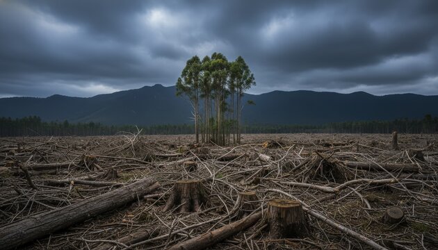 Surviving trees standing amidst clearcut forest