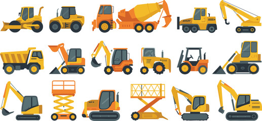 Construction equipment vehicles vector set featuring excavators, cranes, dump trucks, loaders, bulldozers and heavy industrial machinery illustration © SreeRupali