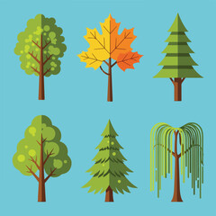 Obraz premium Flat vector illustrations of various trees on a light blue background