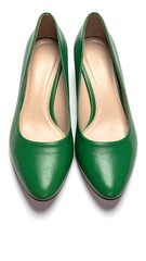 A pair of green high-heeled shoes on a white background