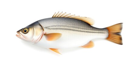 Obraz premium seabass. A fresh sea bass displayed on a white background, showcasing detailed scales and fins under studio lighting. menu design.
