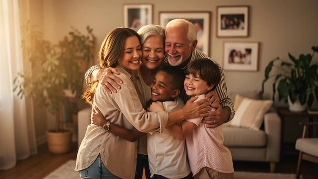 Happy Multi Generational Family Hugging Together in Sunny Living Room.