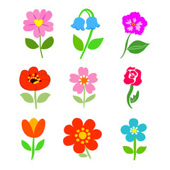 Set of colorful flower icons with blooming roses and tulips in a fresh spring floral vector illustration