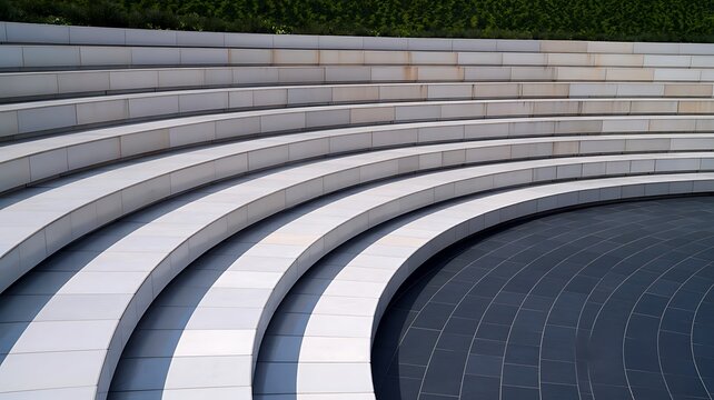 Modern curved concrete amphitheater steps with geometric architectural design and urban outdoor seating