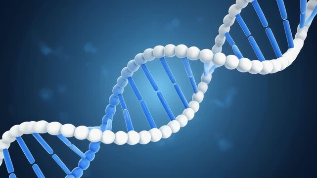 Rotating DNA double helix molecule 3D animation on abstract blue background for science and medical research