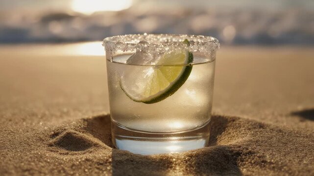 Cinematic video of a margarita cocktail with salted rim in a clear glass,