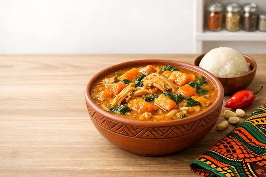 maf&eacute;, creamy peanut butter stew with rich golden-brown color, shredded chicken pieces, orange sweet potato, carrot, and green spinach.
