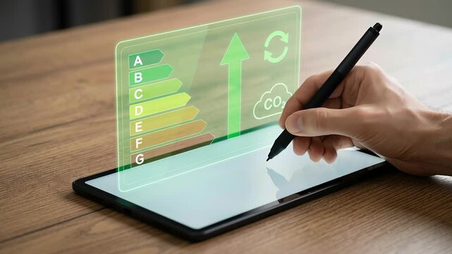 Energy audit on digital tablet with smart home energy management delivering cost savings and business benefits improved energy use and reduced expenses