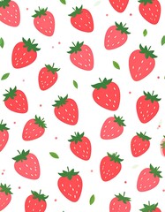 A pattern of ripe strawberries with green leaves on a white background