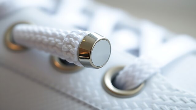 osmium. Polished metal aglet at the end of a white shoelace with metallic texture. lifestyle magazines, social media lookbooks, designed for lifestyle magazines and social media content.