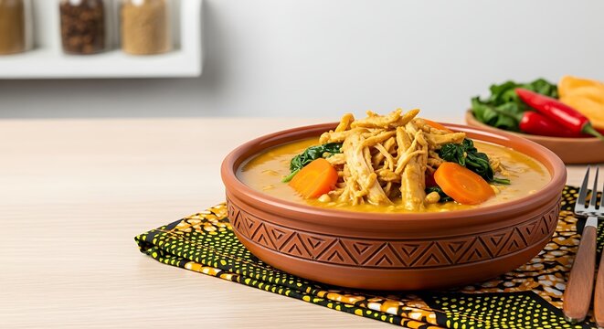 maf&eacute;, creamy peanut butter stew with rich golden-brown color, shredded chicken pieces, orange sweet potato, carrot, and green spinach.