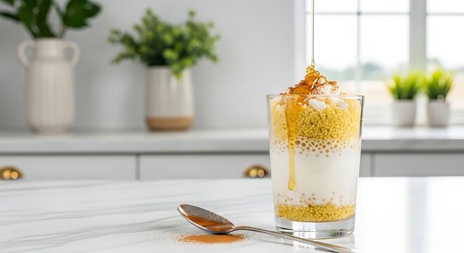 d&eacute;gu&eacute;, traditional from Burkina Faso, steamed millet grains and couscous mixed with natural yogurt, served in tall transparent glass with visible layers. 