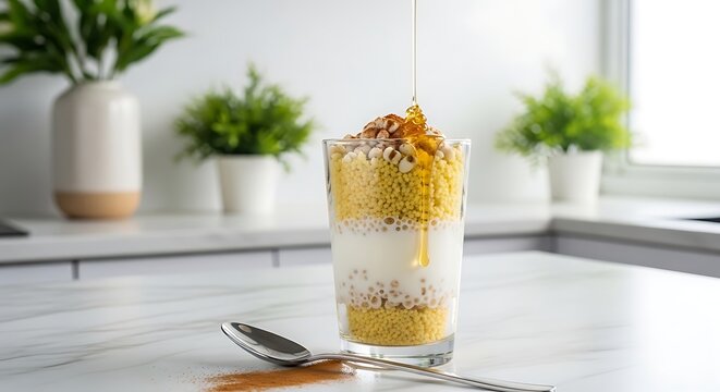 d&eacute;gu&eacute;, traditional from Burkina Faso, steamed millet grains and couscous mixed with natural yogurt, served in tall transparent glass with visible layers. 