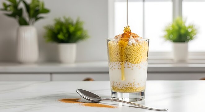 d&eacute;gu&eacute;, traditional from Burkina Faso, steamed millet grains and couscous mixed with natural yogurt, served in tall transparent glass with visible layers. 