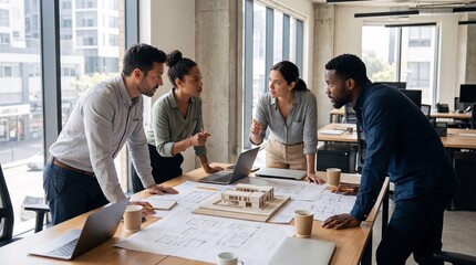 Fototapeta premium Architects Discussing Blueprint Plans in Office Meeting