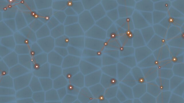 Abstract depiction of a vibrant digital network with interconnected luminous nodes, symbolizing data flow across a complex cellular structure, representing modern communication and technological advan