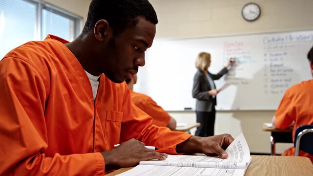 African American Man Reads Document Wearing Orange Uniform In Classroom With Female Teacher At Whiteboard