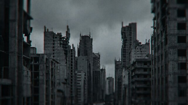 歪んだグリッチとアナログノイズが覆う暗灰色の都市ビル群が醸す緊迫感背景