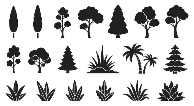Diverse Collection of Tree and Plant Silhouettes for Nature and Environment Designs.