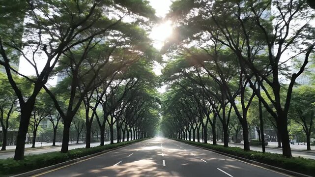 A tree-lined road leads toward the sun, creating a natural tunnel. Sunlight streams through