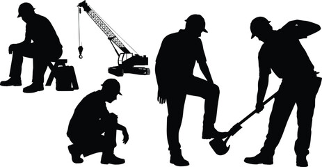 Construction worker silhouettes, crane equipment, toolbox sitting, squatting labor, shovel digging, hard hat safety, industrial site, building industry artwork © MdAminur