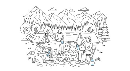 Fototapeta premium Line art illustration of people camping in mountains, collecting water from a river with tents and trees in the background.