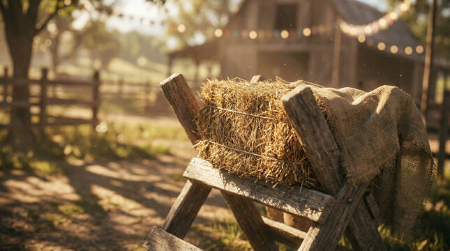 a wooden hayrack with a burlap cloth draped over it, filled with golden hay.