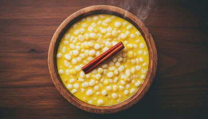Fototapeta premium a wooden bowl filled with yellow soup, white bean-like shapes.