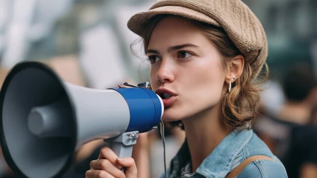 Young woman with a megaphone speaking passionately at a protest or rally