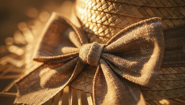 Close-up a large, textured brown bow tied around a woven straw hat.