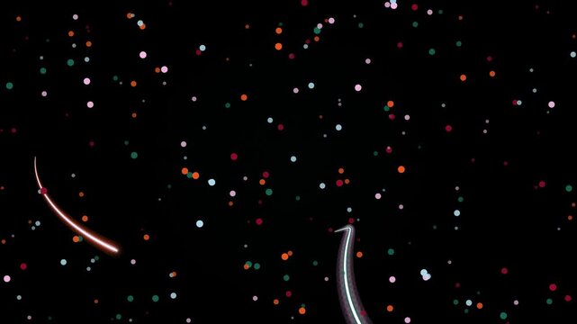 A dark background filled with colorful lights and two curved streaks of light, one orange and one white, against a starry night sky with a white border at the bottom.