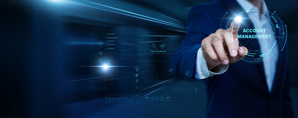 Fototapeta premium Businessman touching account management and network. Financial oversight, client portfolio, business reporting, corporate finance, digital business solutions concept.