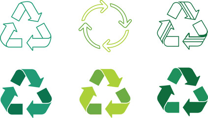 Obraz premium Six diverse graphical representations of the universal recycling symbol are shown in different green hues and line.