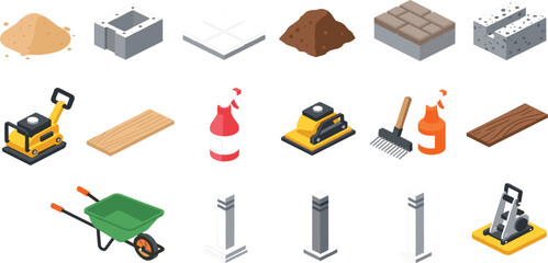 Isometric construction site groundwork set with plate compactors paving stones sand piles soil dirt wood planks green wheelbarrow bollards and site maintenance equipment. © MST HASMOTARA