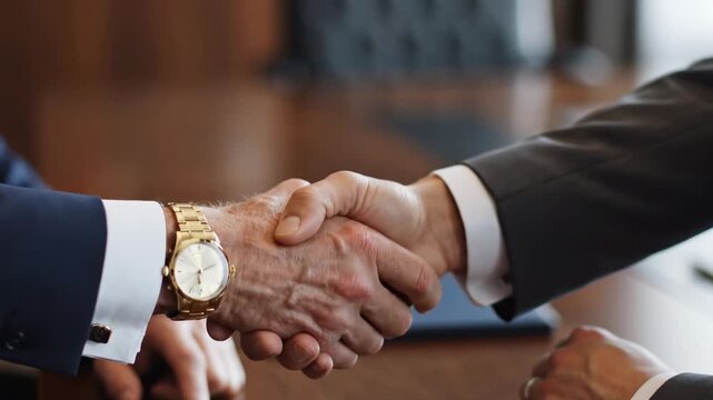 Close up of two businessmen shaking hands in a formal meeting room with warm lighting and polished wood table in the background