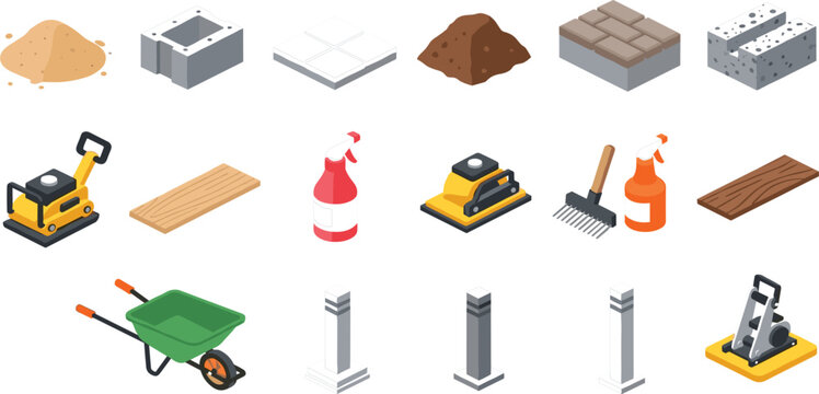 Isometric construction site groundwork set with plate compactors paving stones sand piles soil dirt wood planks green wheelbarrow bollards and site maintenance equipment.
