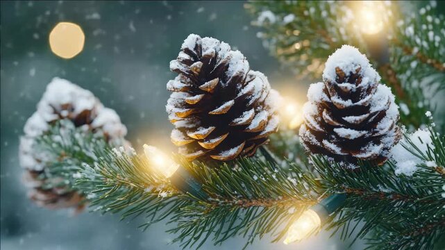 Pine cones on evergreen branches, decorated with lights. Snow falling around pine trees