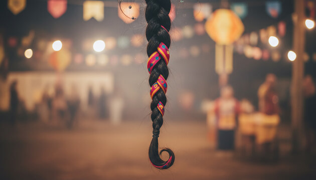 a twisted black braid with colorful pink and blue streaks, hanging in the foreground.