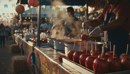 a bustling outdoor food market, vendor in red shirt and apron skewering red strawberries on wooden sticks.