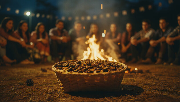 Nighttime a group sitting around a campfire, with a basket of roasted chestnuts in the foreground. String lights in the background. Blurred people.