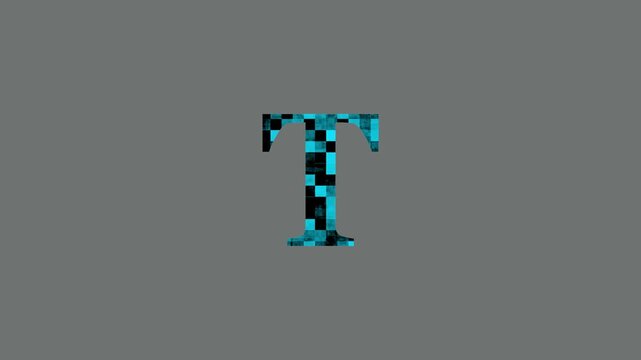 Pixelated Cyan and Black Letter T on Gray Background alphabet typography