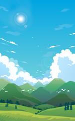 Naklejka premium 山並みと青空と雲のイラスト_縦