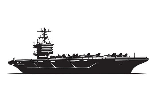 Aircraft Carrier Silhouette Side View, Vector Illustration, Isolated on White Background