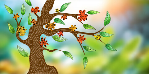 Stylized tree with green leaves on a blurred background, spring bloom, vector illustration