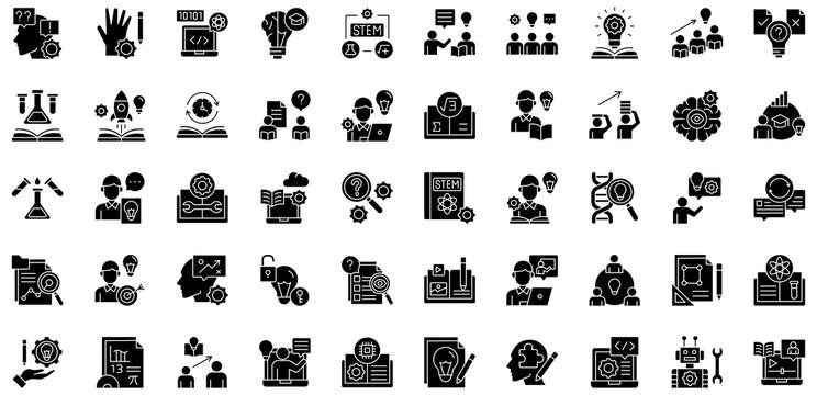 STEM glyph style icons collection. Vector illustrations. Critical thinking, Practical activities, Computer science, Lifelong learning. Pro Vectors.